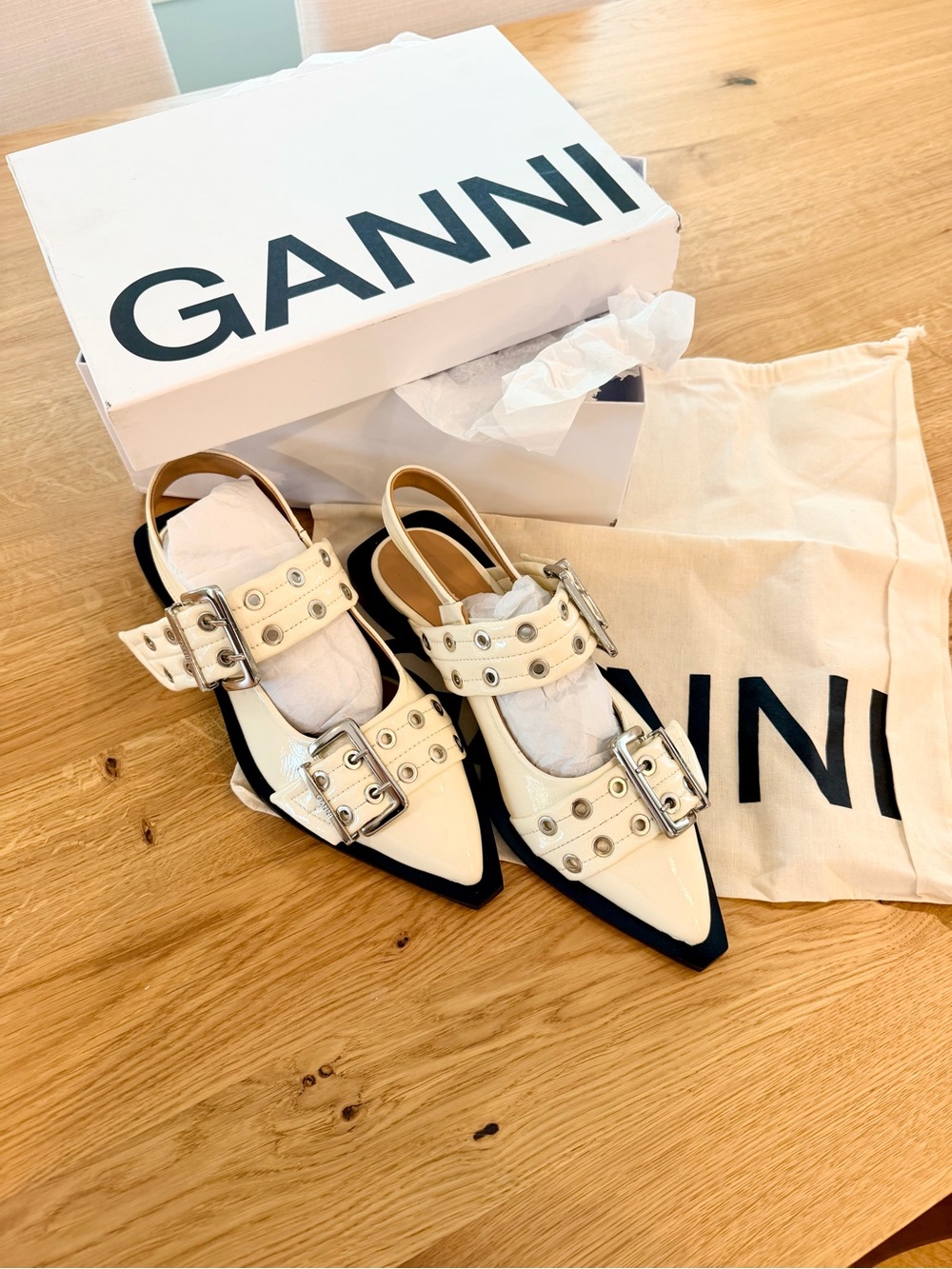 Ganni Cream ballerina buckle flats size 9 NWT